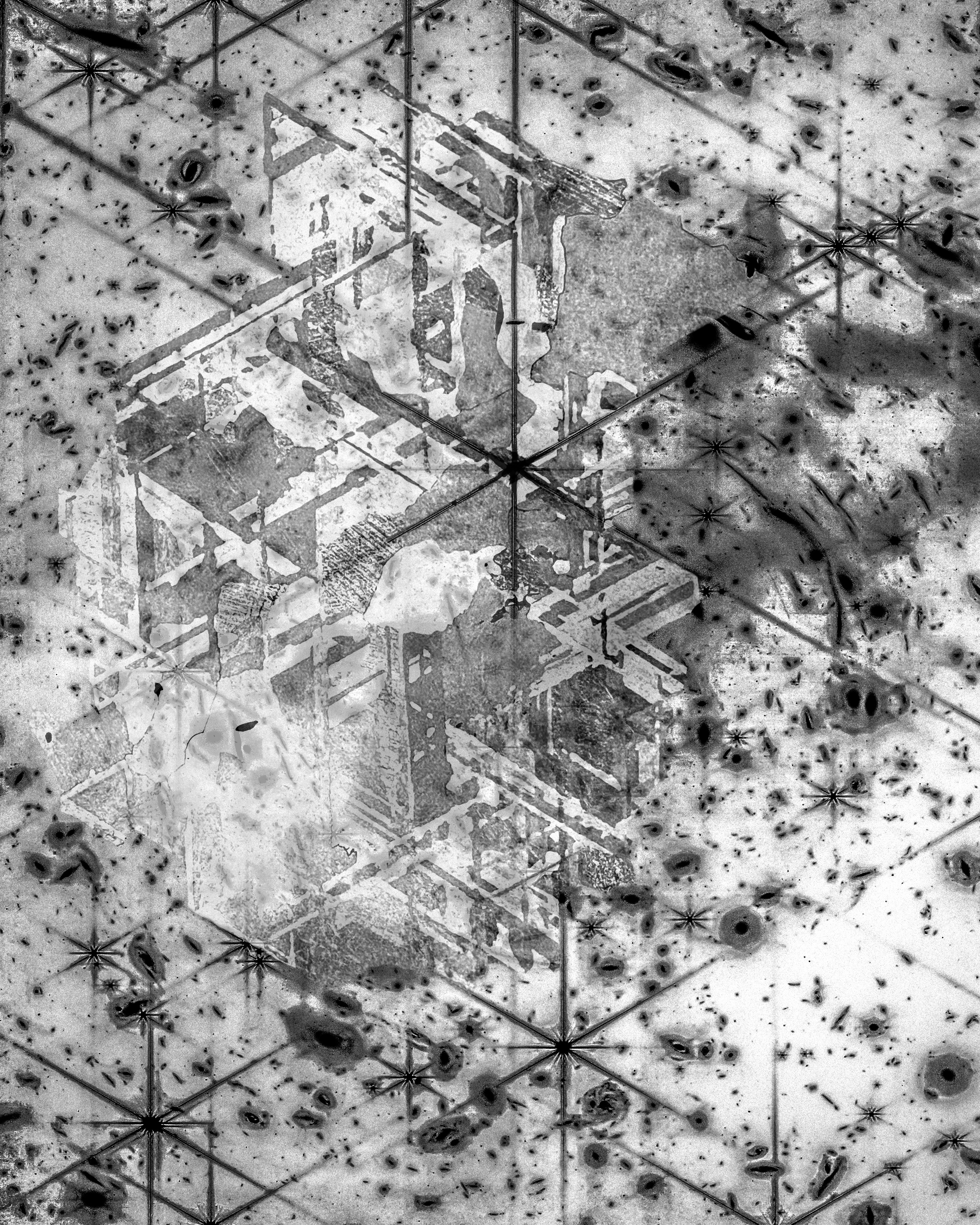 starts in jwst have a six spike diffraction patthern that resembles the metal etching inside some meteorite. This image combines the two.